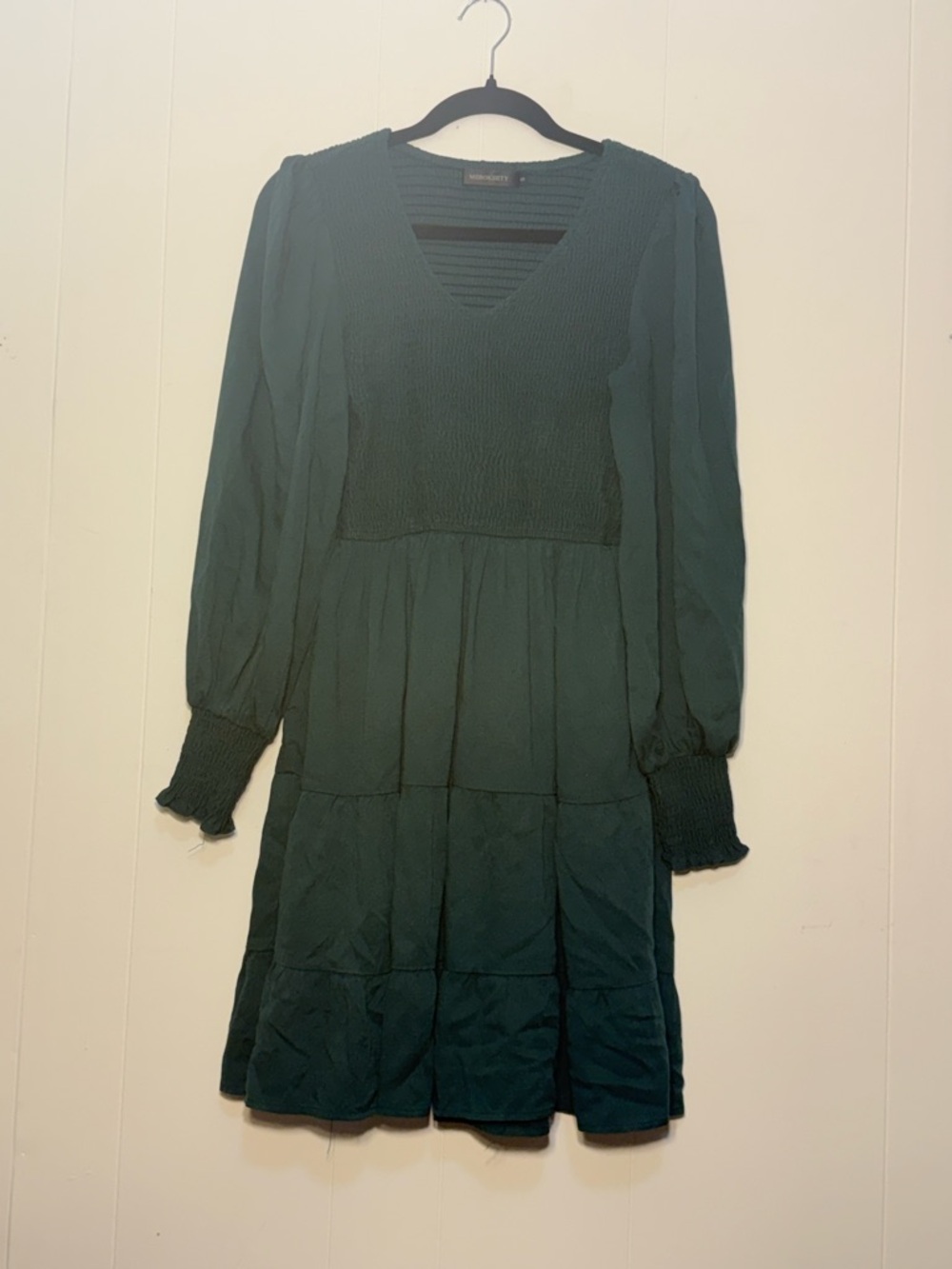 Smocked V-Neck Tiered Midi Dress in Forest Green
